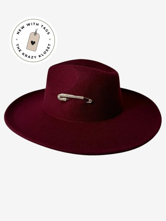Free People Felt Hat in Merlot with Gold Tone Bling Pin Detail OS NWT main image 9